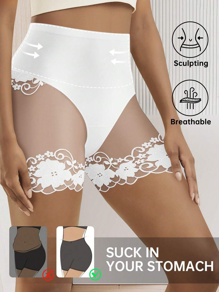 QUASTI 1件女款高腰大尺碼內褲 0XL-4XL,柔軟彈性,舒適貼身,優雅蕾絲拼接設計,輕盈透氣,適合日常穿著 - 白色 - 查看 1