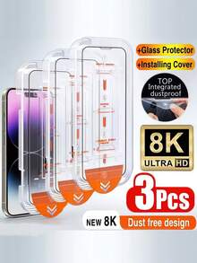 Bộ bảo vệ màn hình bằng kính cường lực chống sốc, chống bụi, tự căn chỉnh 3 miếng, phủ toàn màn hình, tương thích với iPhone 17/17e/16/16e/15/14/13/12/11/17 Pro Max/16 Pro Max/17 Pro/15 Pro/Plus/X/XR/XS Max/Air, phim kính cường lực Ultra HD, độ cứng 9H+, chống trầy xước, chống bám vân tay, tương thích với ốp lưng, quà tặng Ngày của Mẹ. - Trong sáng - Xem 36