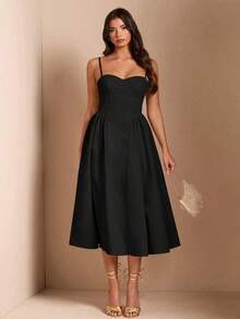 Elegante vestido largo sin mangas con manga abultada para mujer, adecuado para citas diarias, salidas, discotecas, fiestas, temporada de otoño - Negro - Ver 3