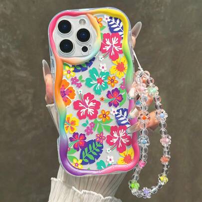 Floral Painted Flat Printed Cream Wavy Edge Detachable Bracelet Minimalist Shockproof Thick Phone Protective Case Suitable For IPhone 17/17 Pro/17 Pro Max, 16 XR/7/8, 15 Pro Max, 13 Pro Max, 14 Pro Max, 13, 14, 11, 12 Pro Max, P11 Soft Shell, P12 Anti-Drop, XS, XR, 7/8 P, 7/8 GES2, Suitable For A13 4G, A22, A21S, A51 4G, A52, S22 Ultra, A33 5G, A34, A35, Suitable For Redmi 10, Note 11 4G, 11 Lite, A53 TPU, A14, A23, S23 Ultra, S24, A14, A15, S23, A73, A55, A54, Phone Case