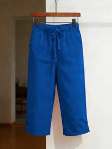 Pantalones Capri Holgados de Lino y Algodón de Color Sólido para Mujer, con Cinturón y Múltiples Bolsillos Delanteros y Traseros - Marfil - Ver 3