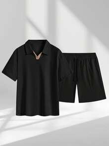 Men's Summer Diamond Embossed Casual Set Contrast V-Neck Polo Short Sleeve Drawstring Shorts Suitable For Daily Commute Leisure Vacation - Black - View 4