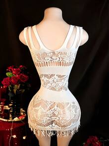 Vestido ajustado de encaje sexy con diseño calado, ajustado y transparente con flecos, adecuado para fiestas en discotecas - Blanco - Ver 2