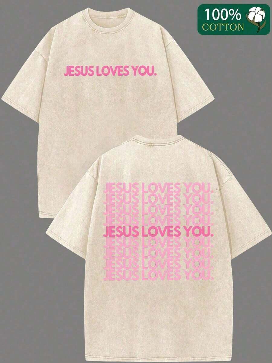 T-Shirt With Intense Washed Effect - T-Shirt With Religious Print 'Jesus Loves You', Lettering In Pink, Green And Pink, Double-Sided Print - Christian Clothing, Unisex Crew Neck T-Shirt, Suitable For Church, Casual Wear, Ideal For Gifting - Machine Washable, Soft Crew Neck (Retro Style, Heavyweight, Unisex). - 杏色 - 查看 1