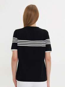 Women's Crew Neck Short Sleeve Striped Knit Blouse - Black - View 5