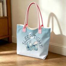 Miniso Bolso de lona con estampado de Stitch de Disney "Duerme bien", bolso de hombro degradado azul y blanco para uso diario - Blanco - Ver 2