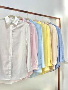Linen Button-Down Shirt, Beach Cover-Up, Long Sleeves, Striped, Polyester, Button-Down, Vacation, Daily, Travel, Summer. - Off White - View 3