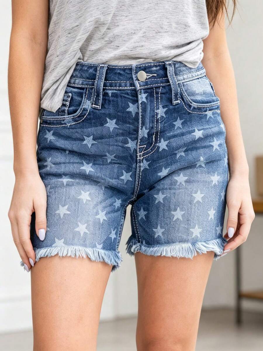 New Women's Distressed Denim Shorts With Casual Sexy Star Print Design. Made Of Durable Washable Denim Fabric, Ideal For Summer Outfits. - Navy Blue - View 1