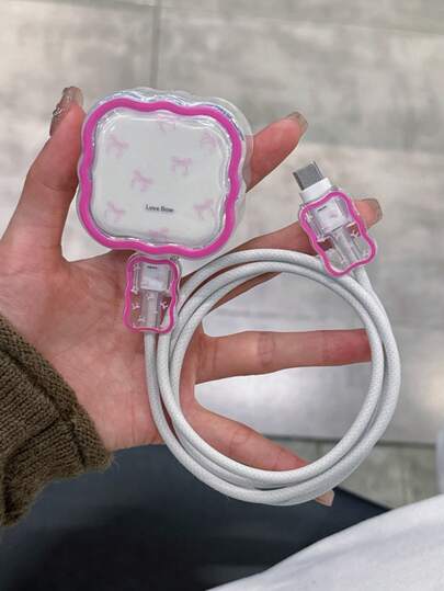 3pcs/Set Charging Cable Protector Case, Pink Bow Pattern, Suitable For 20W UK Standard Apple Fast Charger