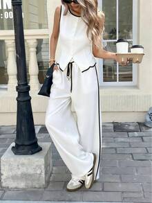 Women's Color Block Trim 2-Piece Outfit, Sleeveless Button Vest And Wide Leg Pants Set - 白色 - 查看 1