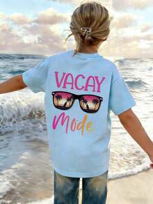 2026 Summer ClothesCasual Coconut Tree Print Round Neck Short Sleeve T-Shirt, Suitable For Boys And Girls, Designed For Summer Students And Children - 淺藍色 - 查看 12