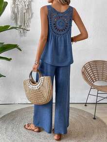 Conjunto de top sin mangas y pantalones de pierna ancha con parte posterior de malla de encaje para mujer, color albaricoque, para primavera/verano - Azul - Ver 2