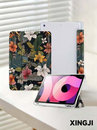 1pc Dark-Colored Floral Pattern Tablet Protective Case, Tri-Fold Stand Protective Cover Compatible With IPad (A16) 11 Inch 11th Gen 2025/10th Gen, 10.2 Inch, Pro 2021/2020, Galaxy Tab A8 10.5 Inch 2022, Matepad 10.4/Tab, Anti-Drop, Pen Slot, Sleep/Wake Support, Practical Gift For Kids/Family