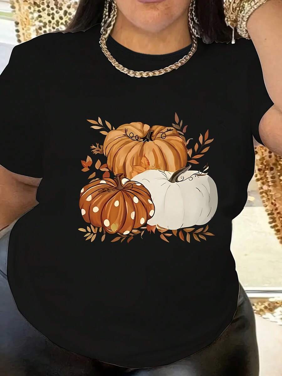 Camiseta de impresión de calabaza de tamaño más grande, cuello redondo casual de manga corta para la primavera y el verano, ropa de tamaño más grande