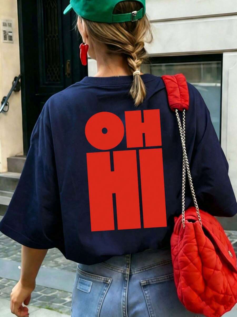 紅色 OHHI 字母印花圓領短袖 T 恤,女款新款極簡可愛圖案休閒度假風,寬鬆修身夏季短版 - 藏蓝色 - 查看 1