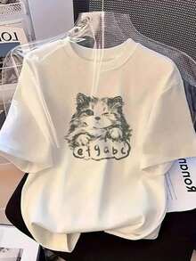 Camiseta casual de manga corta con estampado de gato, corte holgado, versátil, blanca para primavera/verano, 100% algodón. - Blanco - Ver 6