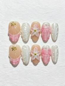 10片杏仁形3D贝壳、海星和花朵图案美甲贴片，甜美海滩风，适合夏季度假、约会、通勤等场合，手工制作，可重复使用，新手友好，充满海洋气息，是送给女性的绝佳礼物。 - 粉色 - 查看 1