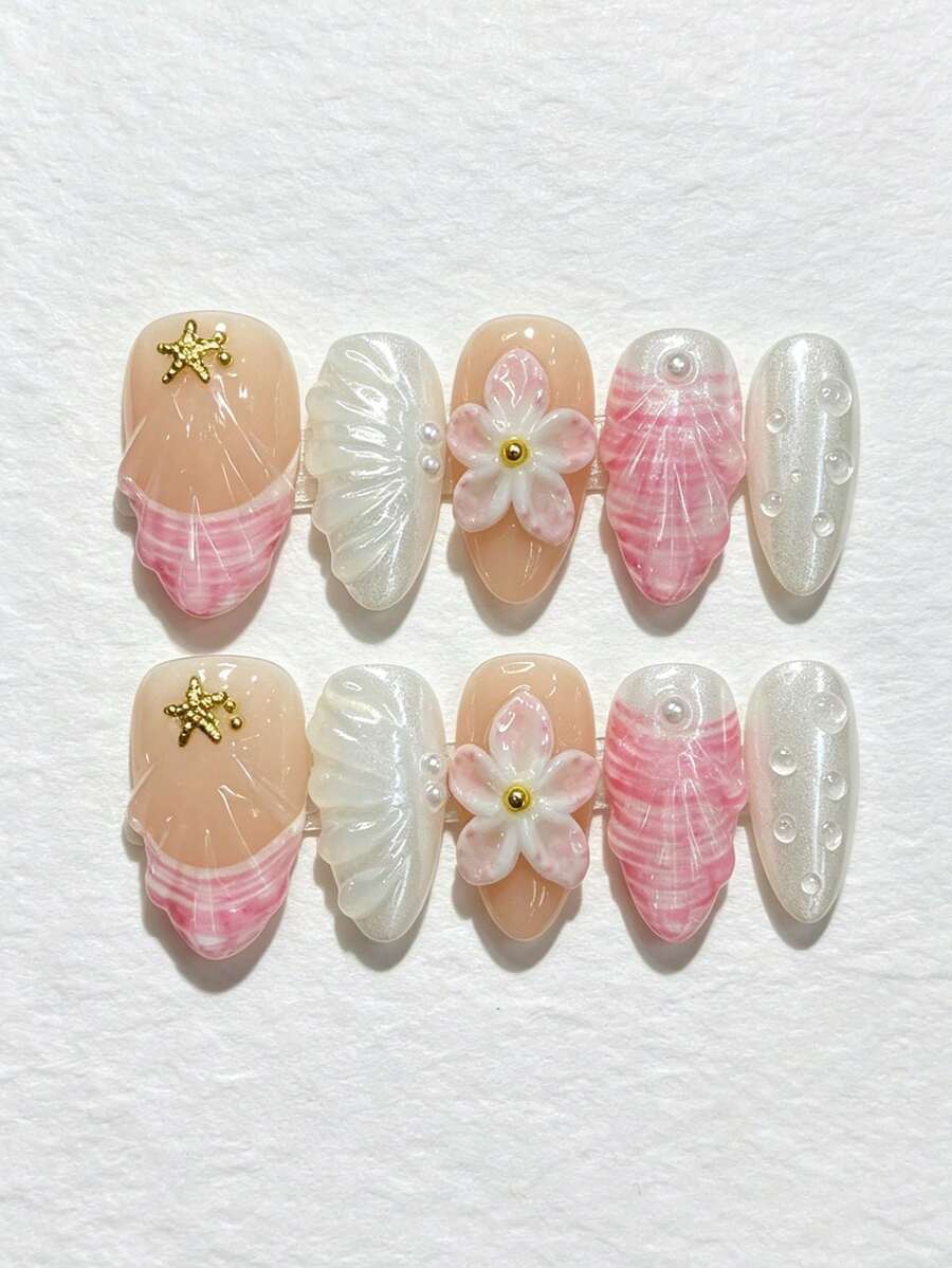 10片杏仁形3D贝壳、海星和花朵图案美甲贴片,甜美海滩风,适合夏季度假、约会、通勤等场合,手工制作,可重复使用,新手友好,充满海洋气息,是送给女性的绝佳礼物。 - 粉色 - 查看 1