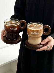 1 Set Coffee Glass & Wooden Saucer, Nordic Ins Style Latte Art Cup & Saucer, Vintage Breakfast, Milk, Afternoon Tea, Dessert Cup & Saucer, Suitable For Restaurant, Living Room, Cafe, Dessert Shop, Gathering - Transparent - View 7