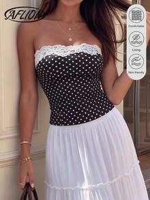 Aflion Áo hai dây crop top chấm bi đen trắng với viền ren và dây mảnh - Thiết kế hở lưng gợi cảm, kiểu dáng retro Y2K thời thượng, phù hợp cho các buổi hẹn hò mùa hè, dạo phố, tiệc tùng, lễ hội âm nhạc, bãi biển, hộp đêm. - màu đen - Xem 1