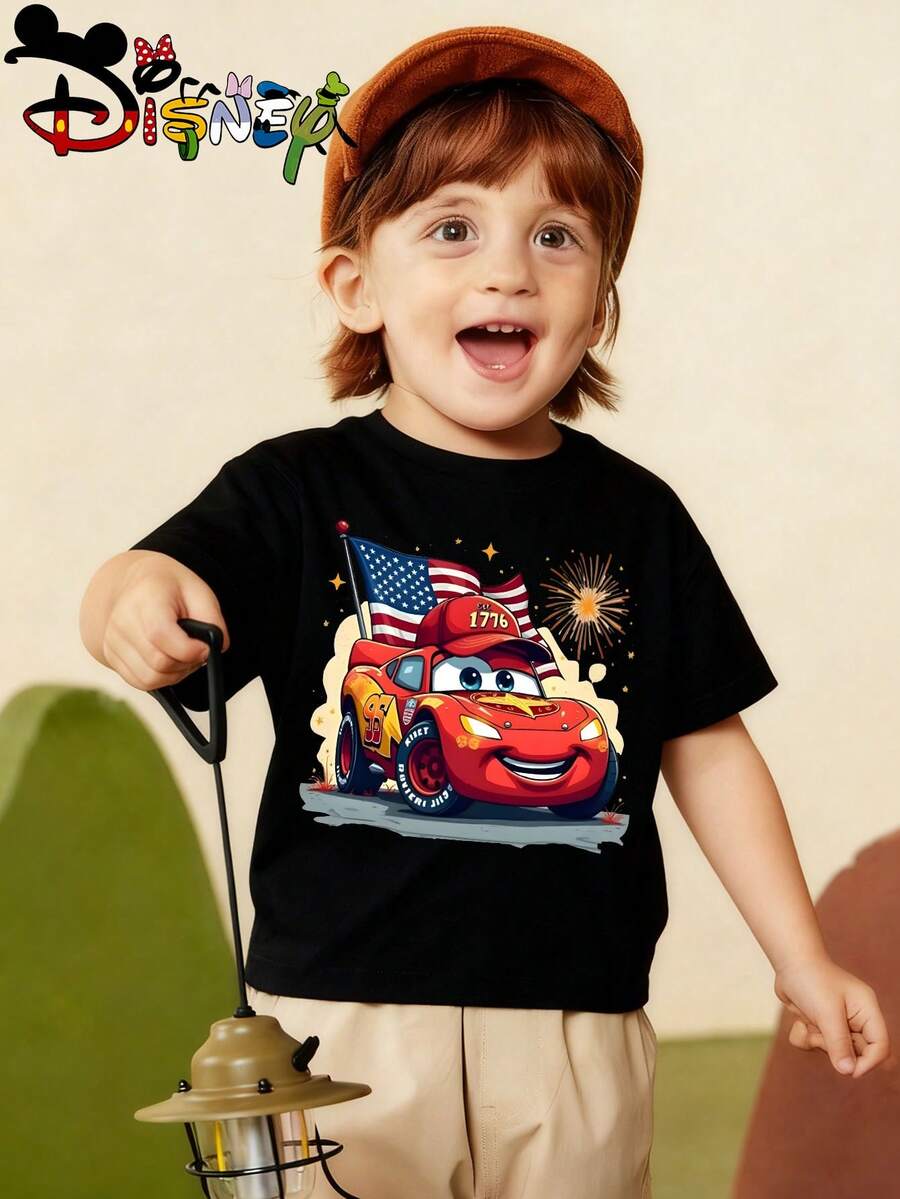Disney Licensed Street Style Cars Lightning McQueen 4th Of July Art Print Kids' T-Shirt, Bold Cute Cartoon Graphic Tee, Perfect For Everyday Wear, Holiday Parties, Themed Outings And Urban Street Style, Shipped From Local Warehouse - Black - View 1
