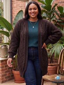Women's Knitted Cardigan, Long Sleeve, Open Back, Textured Knit Detail, Winter Fashion - Green - View 7