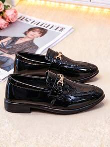 A Pair Of Boys' Round-Toe Leather Shoes, Formal Dress Shoes, Stylish Black Flat Shoes For Weddings And Evening Events, Suitable For Children Aged 4-12 - 黑色 - 查看 7