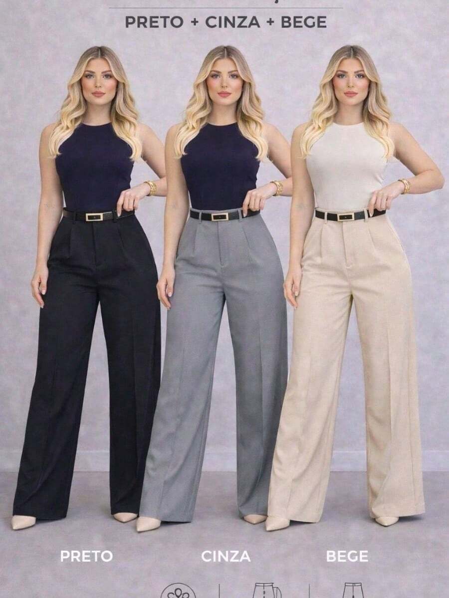 Set Of 3 Women's Tailored Trousers With Belt - 黑灰米色 - 查看 1