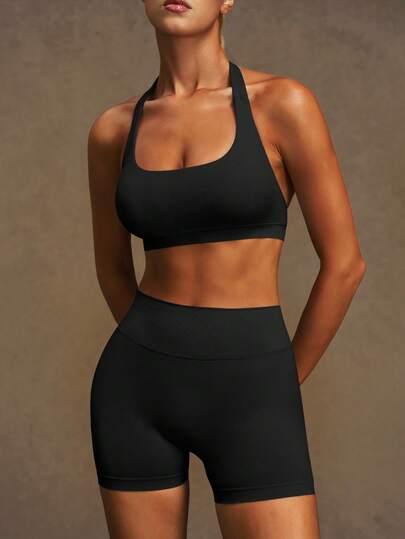 VVX Women's Workout Two Pieces Set Halter Neck Sports Bra Removable Pads & High Waist Tummy Control Yoga Shorts Set, Solid Color Casual Skinny Pants Sportswear For All Seasons