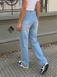 Boyfriend Style Distressed Straight Leg Jeans For Women - Light Wash - View 3