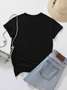 Women's Short-Sleeved, Round-Neck Casual T-Shirt With Heart Print, Perfect For Summer Wear And New Year's Gifts, Printed Blouses For Women. Leisure - 黑色 - 查看 2