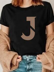 Una nueva camiseta de una sola pieza de primavera y verano con cuello redondo con estampado de la letra 'J', diseñada con un enfoque minimalista y elegante. Esta camiseta de manga corta impresa es adecuada para las mujeres que corren en primavera y verano - Negro - Ver 2