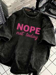 Vintage Washed Slogan Print T-Shirt, Retro Attitude Aesthetic Casual Short Sleeve, Street Style Black - Black - View 1
