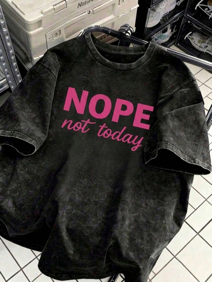 Vintage Washed Slogan Print T-Shirt, Retro Attitude Aesthetic Casual Short Sleeve, Street Style Black - Black - View 1