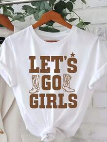 Women's Western Cowgirl T-Shirt With Bold "Let's" Cowboy Print - Non-See-Through Fabric, Loose Fit, Crew Neck For Ranch Parties, Casual Western Wear - Empowering Cowboys - 白色 - 查看 1