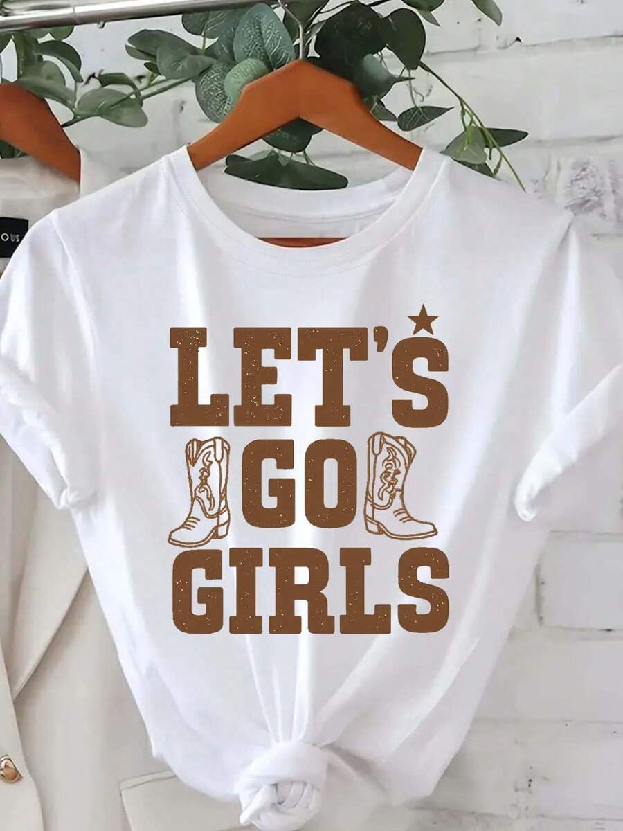 Women's Western Cowgirl T-Shirt With Bold "Let's" Cowboy Print - Non-See-Through Fabric, Loose Fit, Crew Neck For Ranch Parties, Casual Western Wear - Empowering Cowboys - 白色 - 查看 1