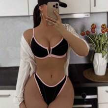 Swim  Women's Colorblock Cutout V-Neck Tankini Swimwear, Sexy European Style Swimwear For Summer Beach Vacation - Negro - Ver 1
