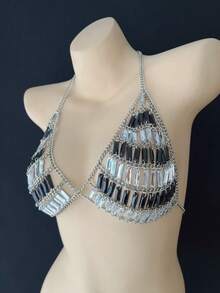 ZHENGHEN Handmade Exquisite Black Transparent Rhinestone Striped Body Chain Bustier, Handmade Rhinestone Bikini Top Suitable For Beach Vacation And Nightclub - Black and White - View 5