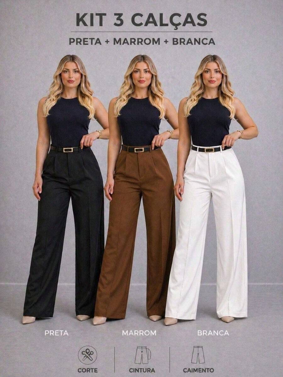 Kit 3 Calças Alfaiataria Feminina Com Cinto - preto-marrom-branco - Visão 1