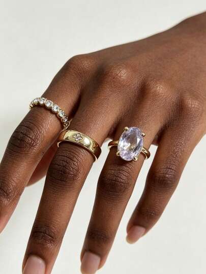3pcs/Set Women's Gold Oval Ring Set, Luxury Minimalist Fashionable Elegant Rings, Suitable For Engagement, Wedding, Party And Daily Wear - Perfect Birthday, Anniversary Or Valentine's Day Gift