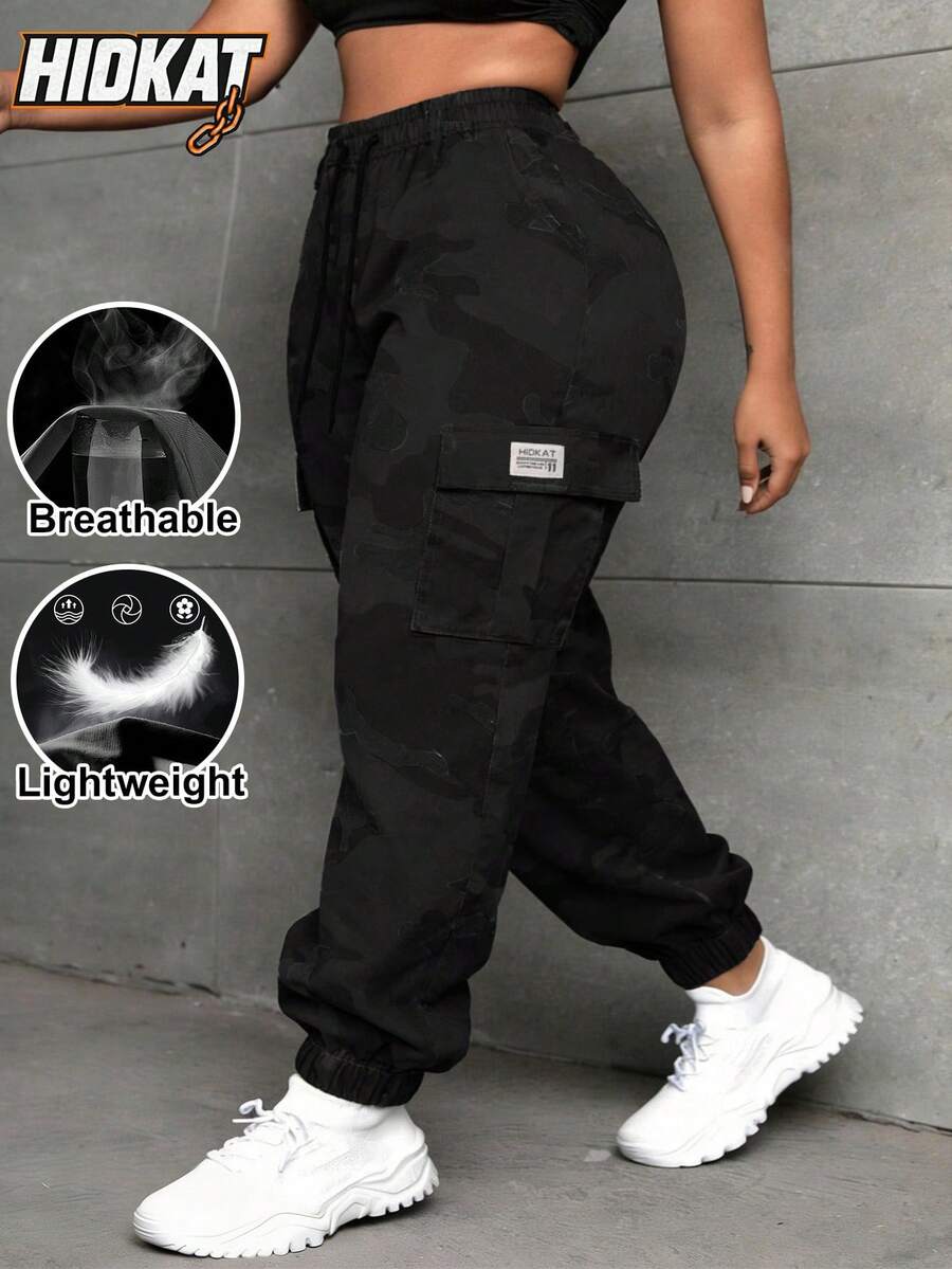 Hidkat Women's Camouflage Cargo Pants | Drawstring Waist Jogger Pants With Side Pockets | Y2K Streetwear Casual Everyday Outdoor Trousers Black Spring Sports