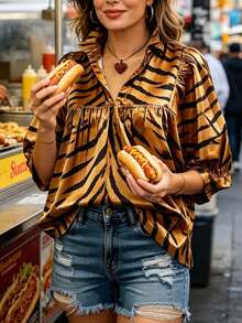 Áo sơ mi nữ dáng rộng thoải mái mùa xuân/hè với tay chuông và họa tiết da báo. - Màu vàng - Xem 8