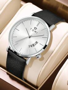 TOMI Teen Boys & Girls Silver White Dial Calendar PU Leather Quartz Wristwatch, Daily Wear Gift - Black - View 2