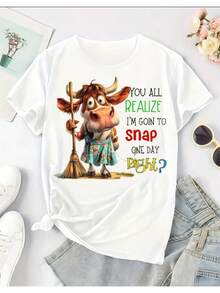 Women's T-Shirt With Fun Cow Print - 100% Cotton, Lightweight And Breathable, Casual Crew Neck T-Shirt With The Phrase "You All Snap Like One Day", Perfect For Casual And Sports Wear, Machine Washable, Cow Print T-Shirt - 白色 - 查看 12