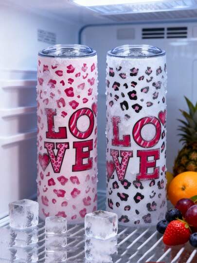 1 pieza Vaso aislado de 20oz con estampado de leopardo, botella de agua de acero inoxidable con pajita y cepillo para pajita, pared doble, portátil, fácil de limpiar, ideal para el Día de San Valentín, vacaciones, cumpleaños, Día de la Madre, reuniones familiares, actividades al aire libre