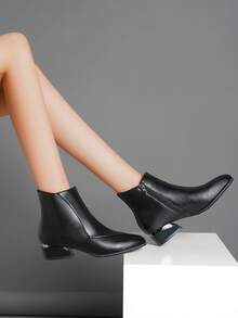 Leather & Suede Spliced Knee High Knight Boots, Round Toe With Side Zipper, Fleece Lined Warm Flat Boots - màu đen - Xem 8