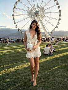 Jacquard V-Neck Fringed Textured A-Line Dress, Suitable For Party, Vacation, And Other Occasions - Milky White - View 1