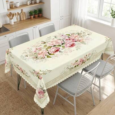 1 pieza Mantel de poliéster con estampado de rosa vintage, adecuado para cocina, comedor, vacaciones, fiestas, decoración de mesa de banquete