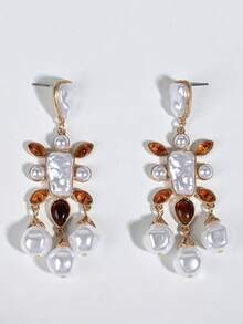 1 Pair Vintage Palace Style Cross Tassel Earrings, Baroque Faux Pearl Amber Crystal Earrings, Gold-Plated Elegant Women's Earrings, Party & Wedding Jewelry - Gold - View 4