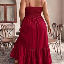 Plus Size Summer Cut Out Ruffle Casual Shirred Dress With Thin Straps For New Year Clothes Maxi Women Outfit - Rojo - Ver 3